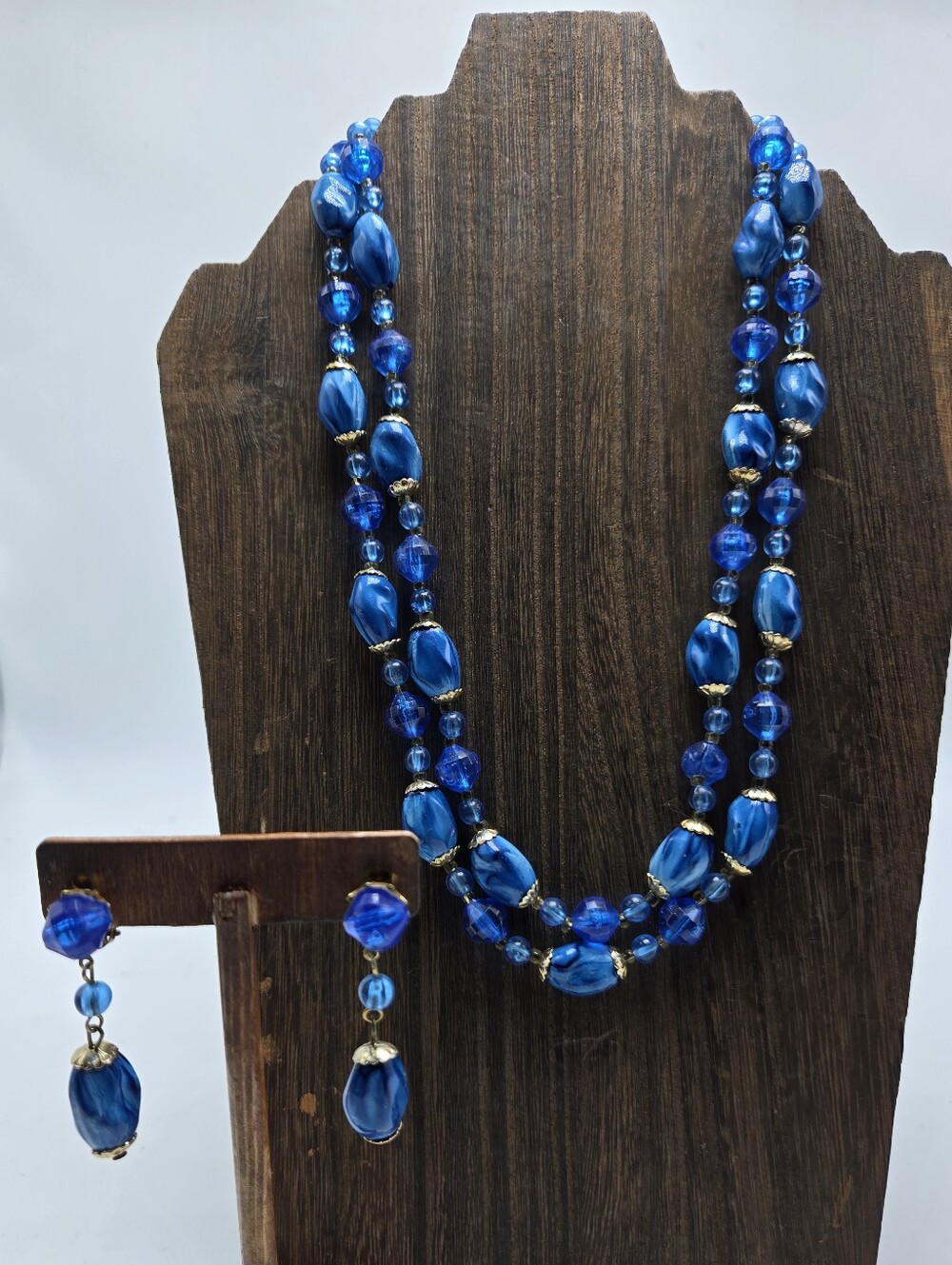 60's Hong Kong Blue Jewelry Set Necklace Clip-On Earrings Gold Accents Vintage